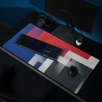 Geometric gaming mouse pad with bold red blue white blocks and non-slip backing