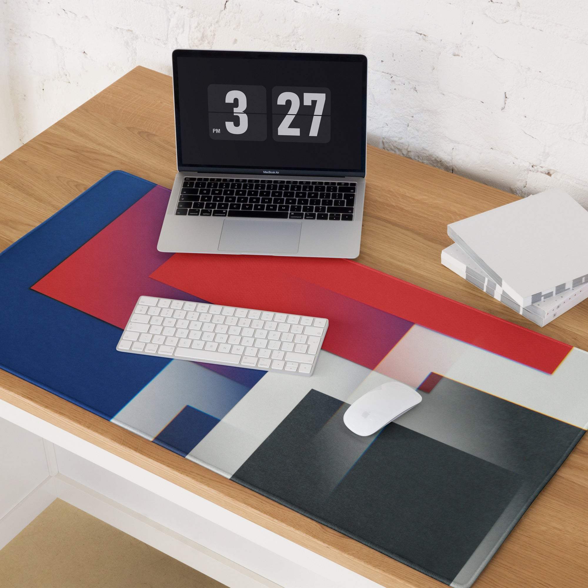 Geometric abstract gaming mouse pad with bold red blue white blocks
