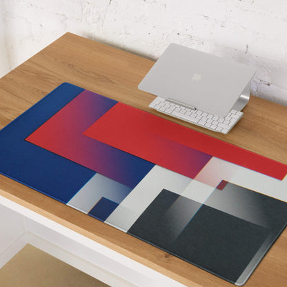 Geometric gaming mouse pad with bold red blue white blocks and non-slip backing