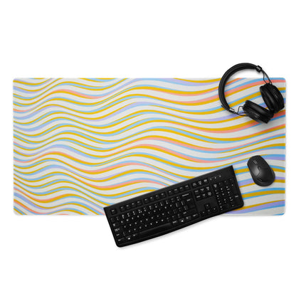 Vibrant wavy pastel yellow blue pink stripes gaming mouse pad