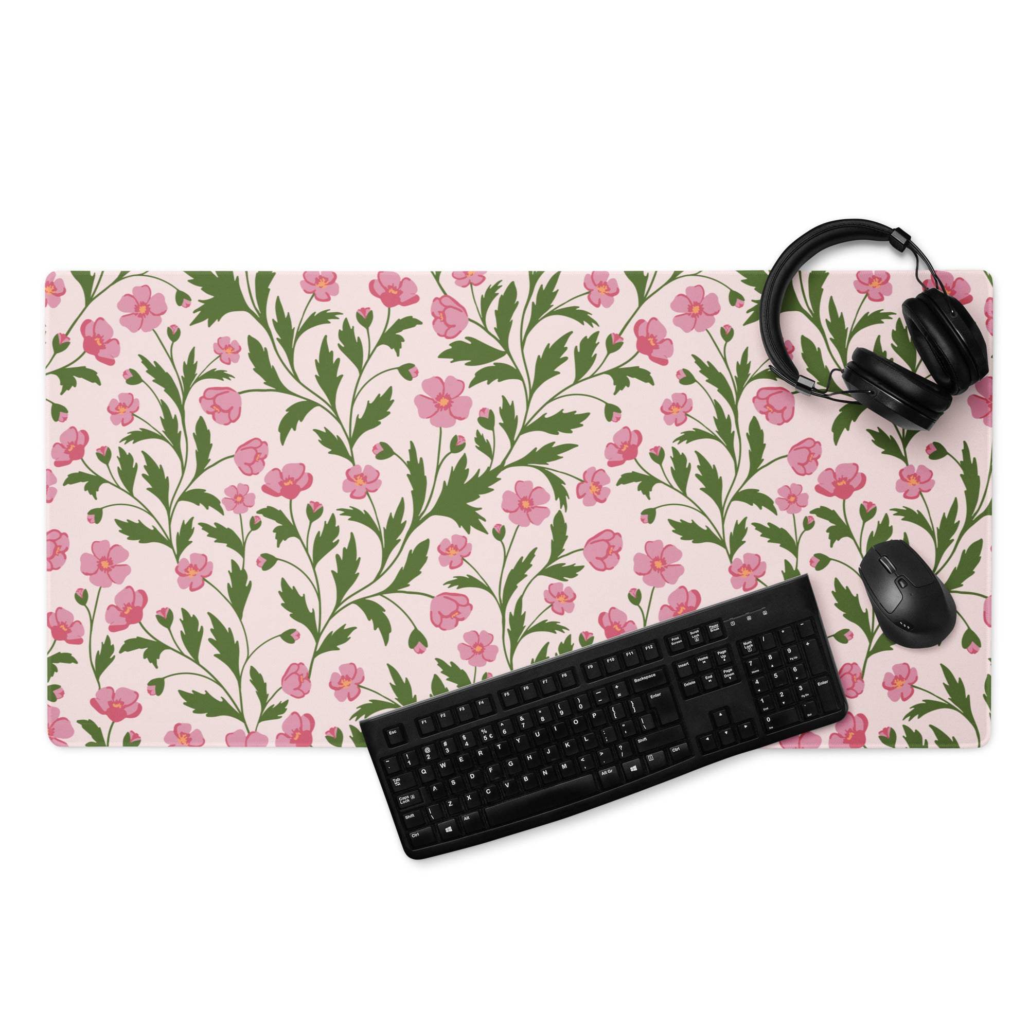 Pink floral green gaming mouse pad with non-slip backing