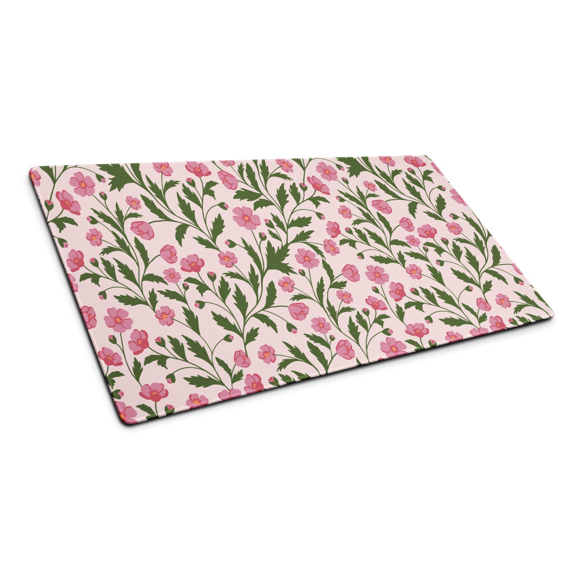 Pink floral gaming mouse pad with green vines, large size, non-slip backing