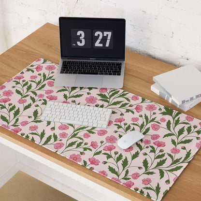 Pink floral gaming mouse pad with green vines, blossoms, large size, non-slip backing