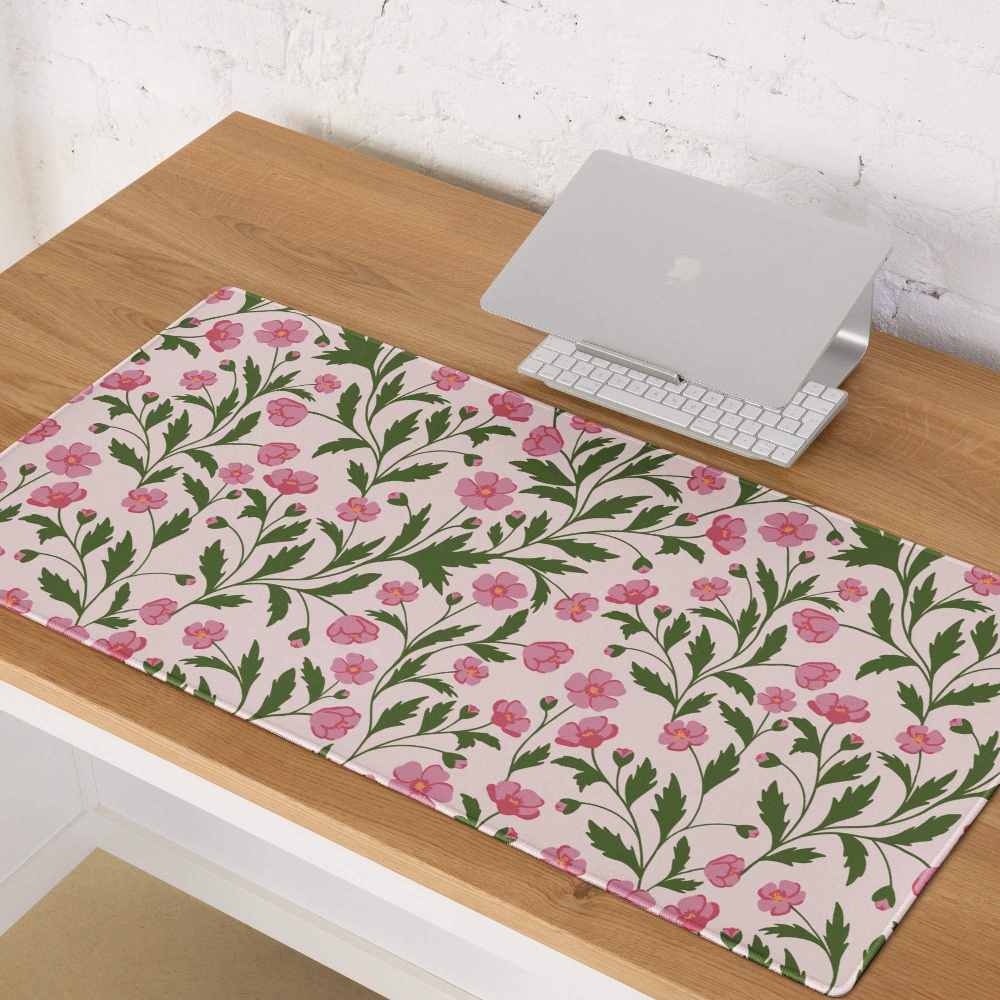 Large pink floral gaming mouse pad with green stems, non-slip backing