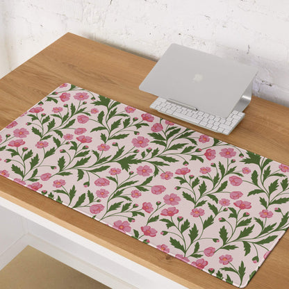 Large pink floral gaming mouse pad with green stems, non-slip backing