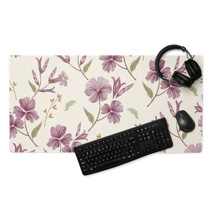 Large beige purple floral gaming mouse pad with non-slip base and stitching