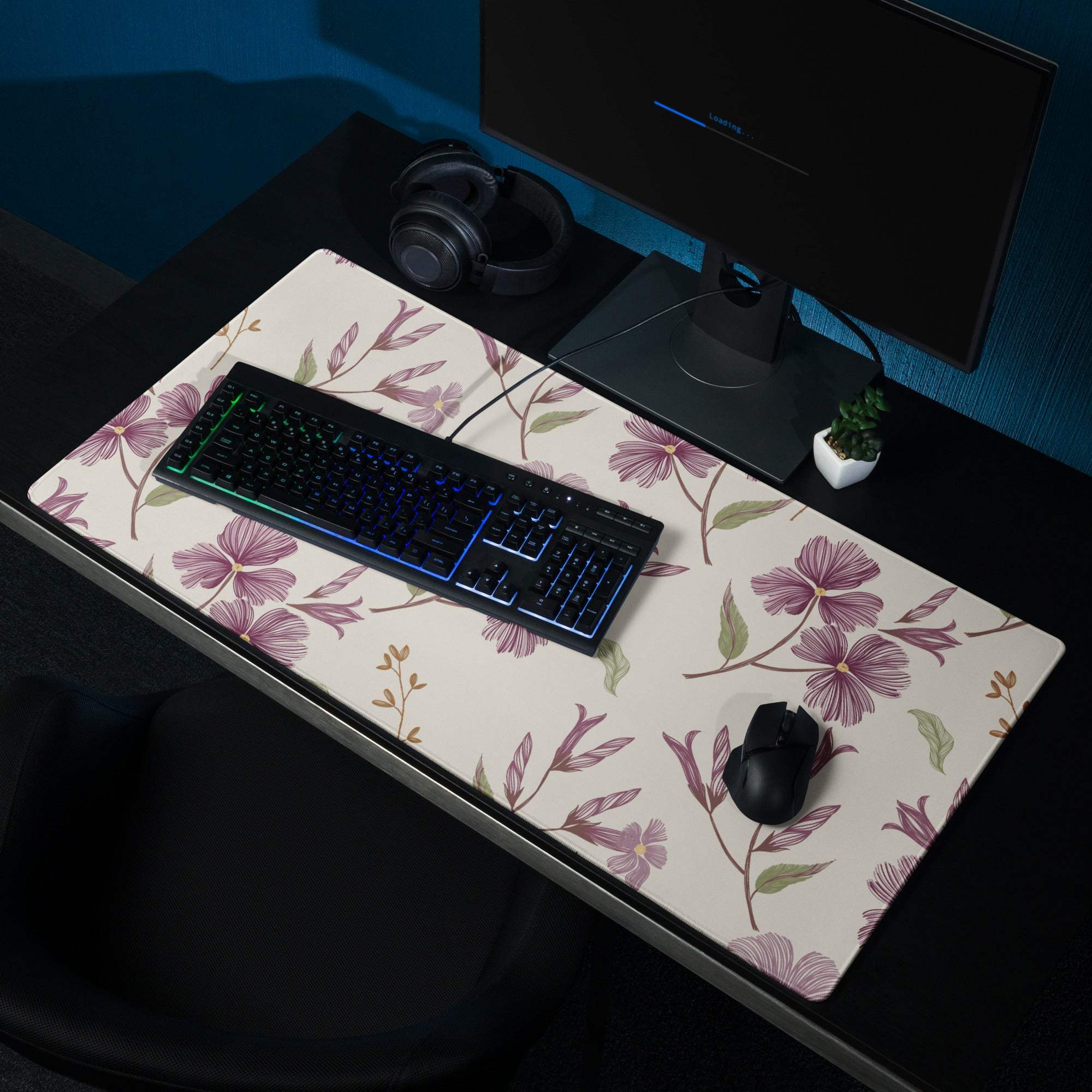 Large beige purple floral gaming mouse pad with non-slip base