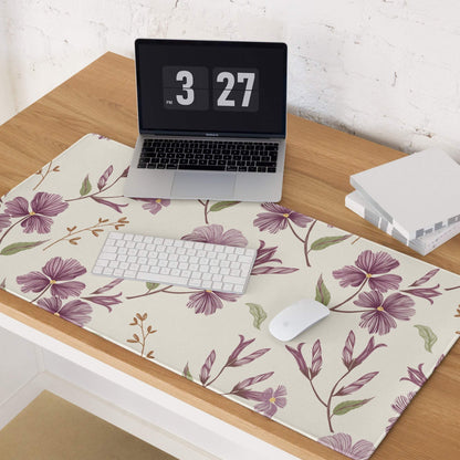 Large beige purple floral gaming mouse pad with non-slip base and stitched edges