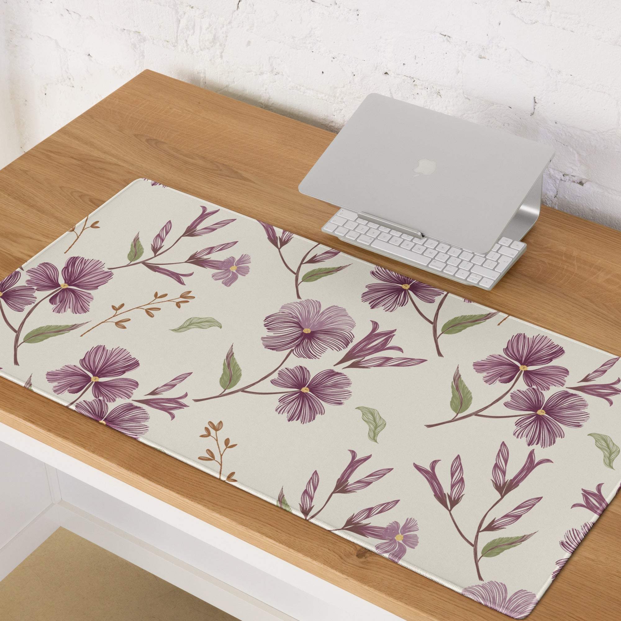 Large beige purple floral gaming mouse pad with non-slip base