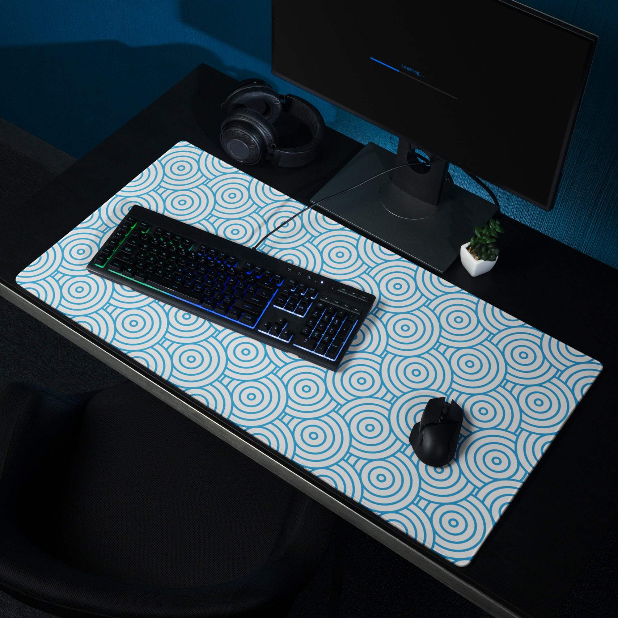 Blue and white geometric spiral circle ocean gaming mouse pad large size