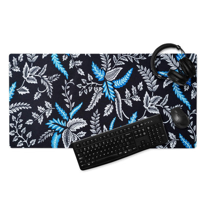 Large modern botanical blue white leaf gaming mouse pad on black non-slip stitched