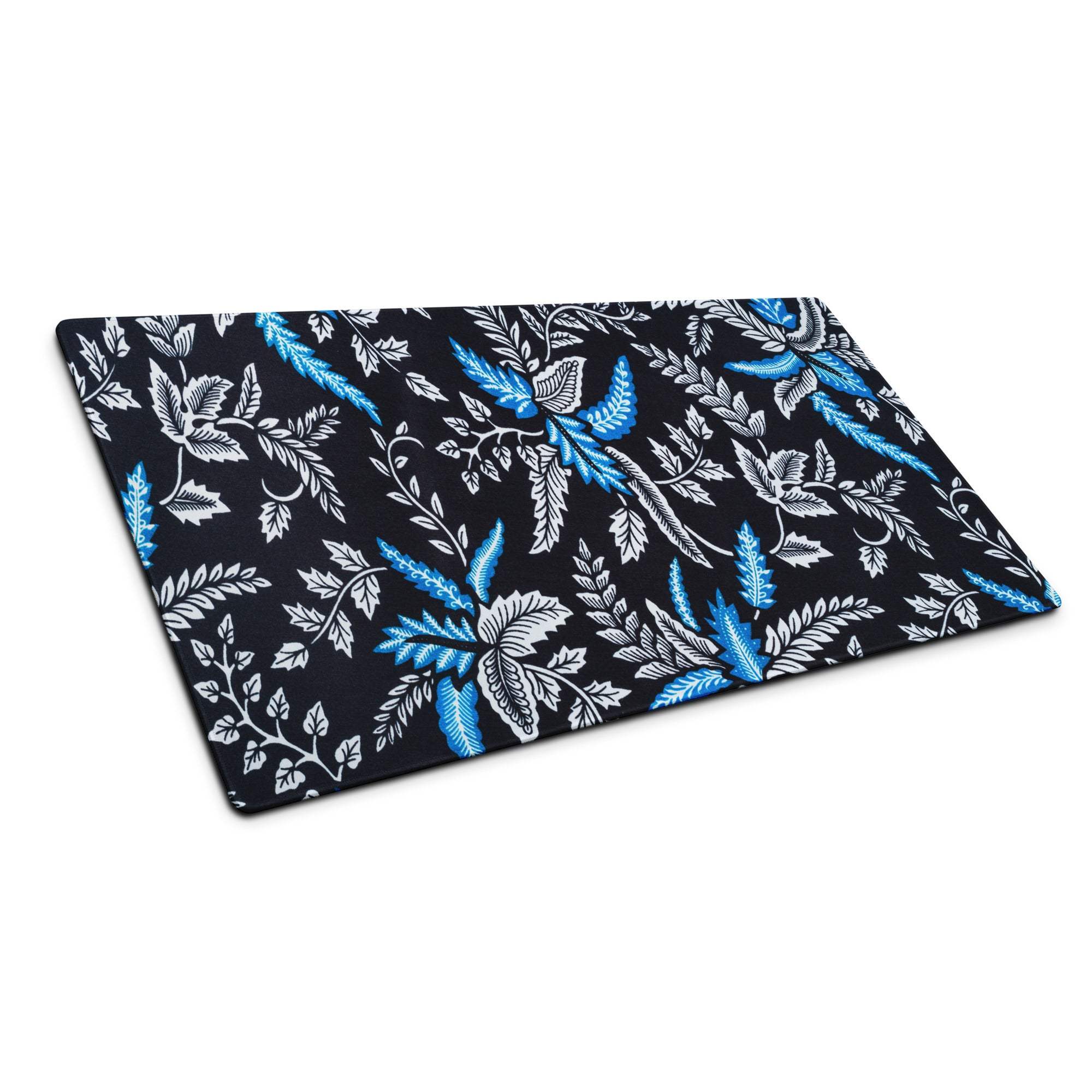 Large modern botanical blue white leaves gaming mouse pad on black non-slip stitched mat