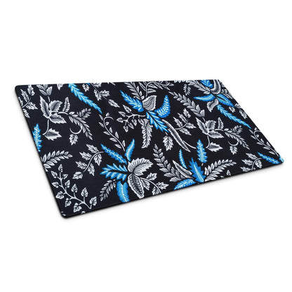 Large modern botanical blue white leaves gaming mouse pad on black non-slip stitched mat