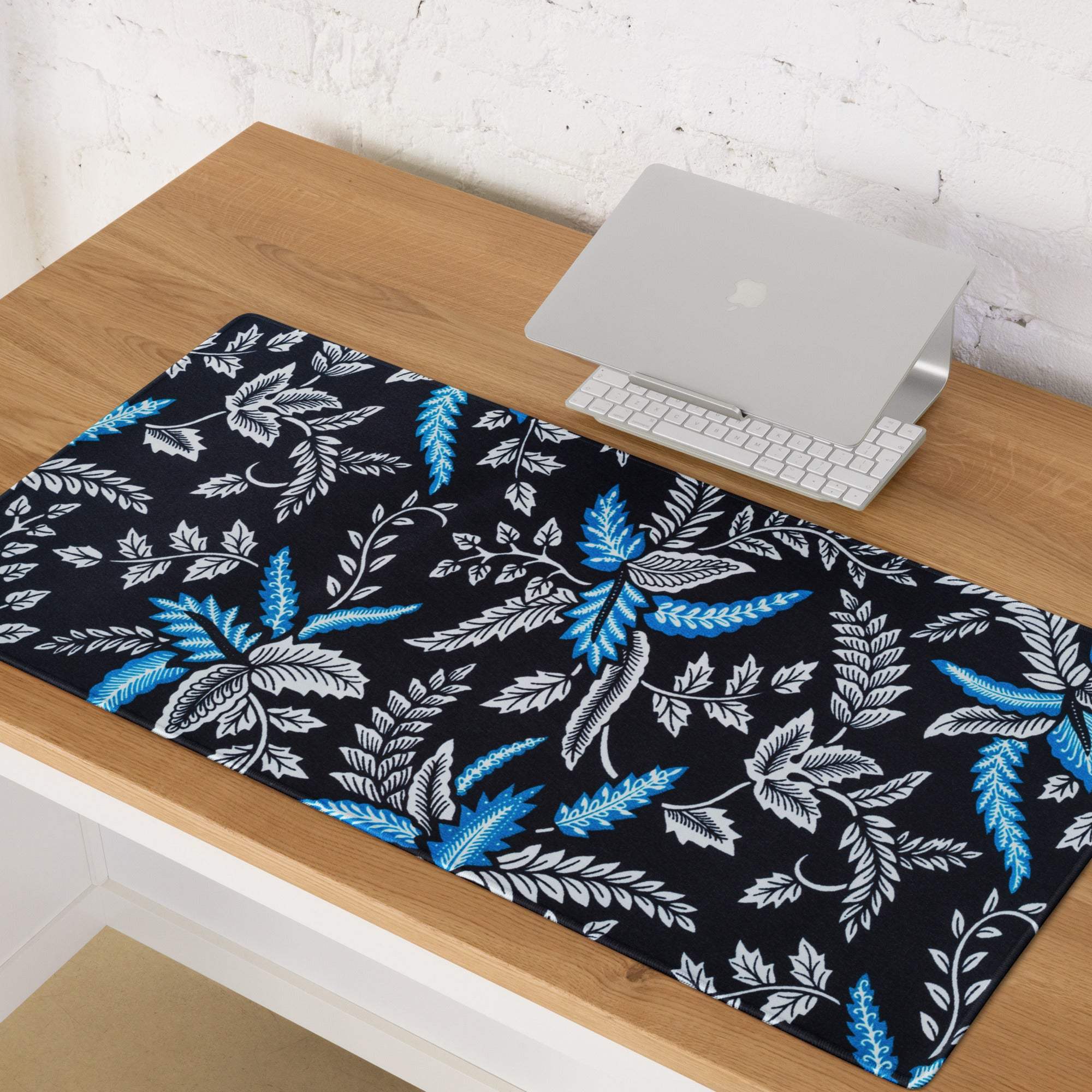 Large modern botanical blue white leafy vines gaming mouse pad on black