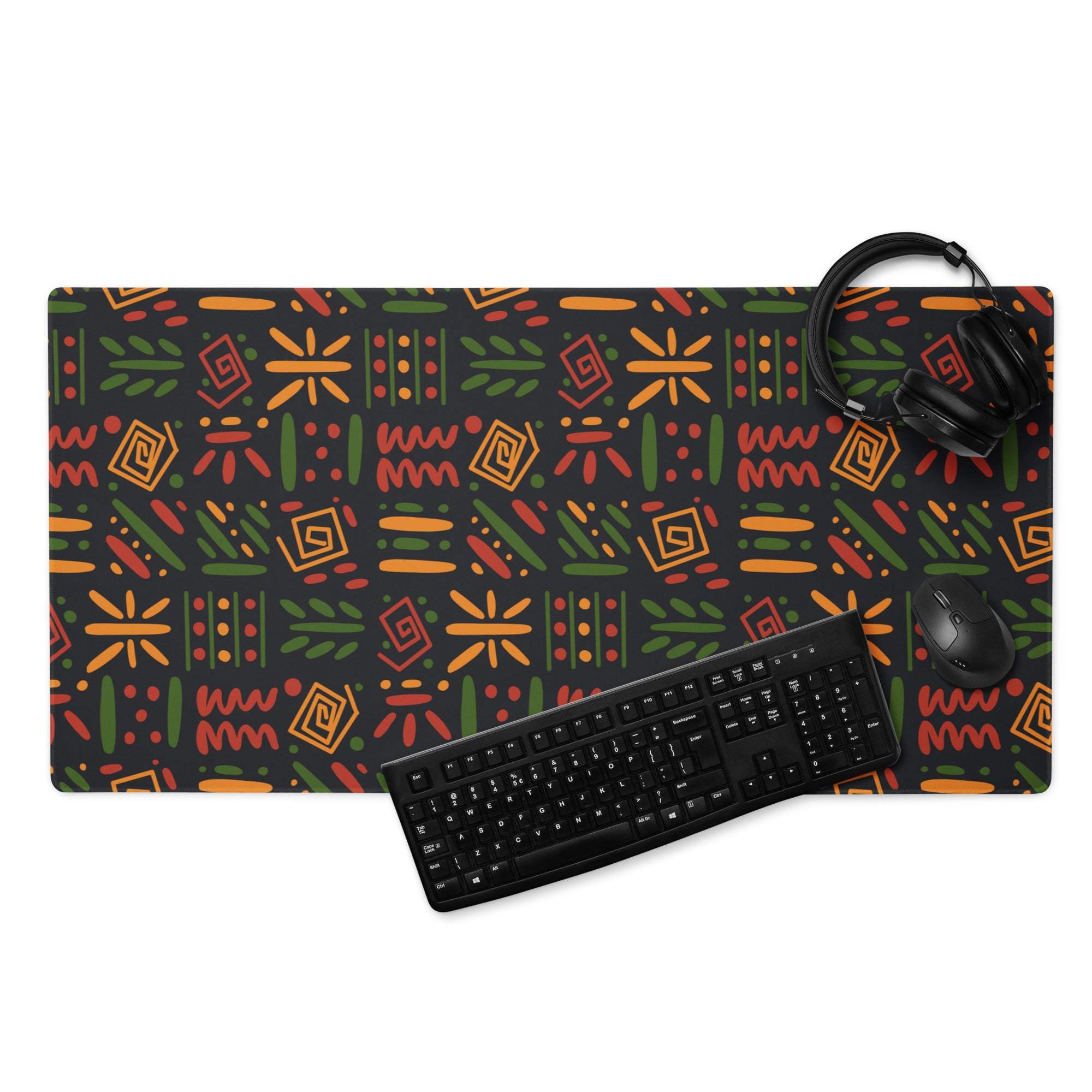 Dark green gaming mouse pad with orange red lime geometric patterns Dota CSGO