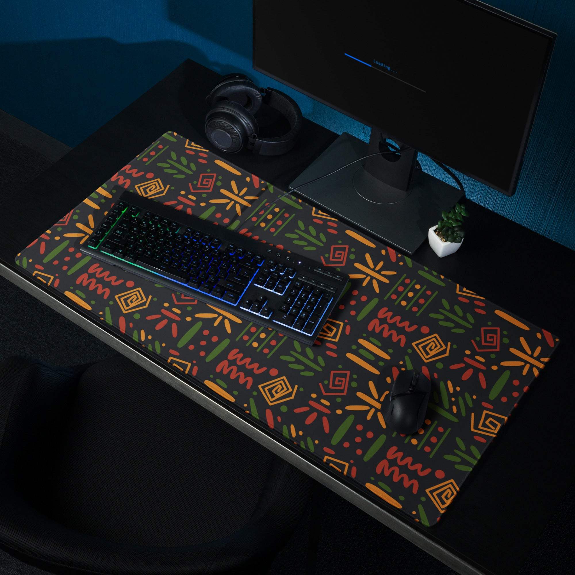 Vibrant dark green gaming mouse pad with orange green geometric botanical pattern, non-slip backing, edge stitching for Dota CSGO
