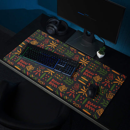 Vibrant dark green gaming mouse pad with orange green geometric botanical pattern, non-slip backing, edge stitching for Dota CSGO