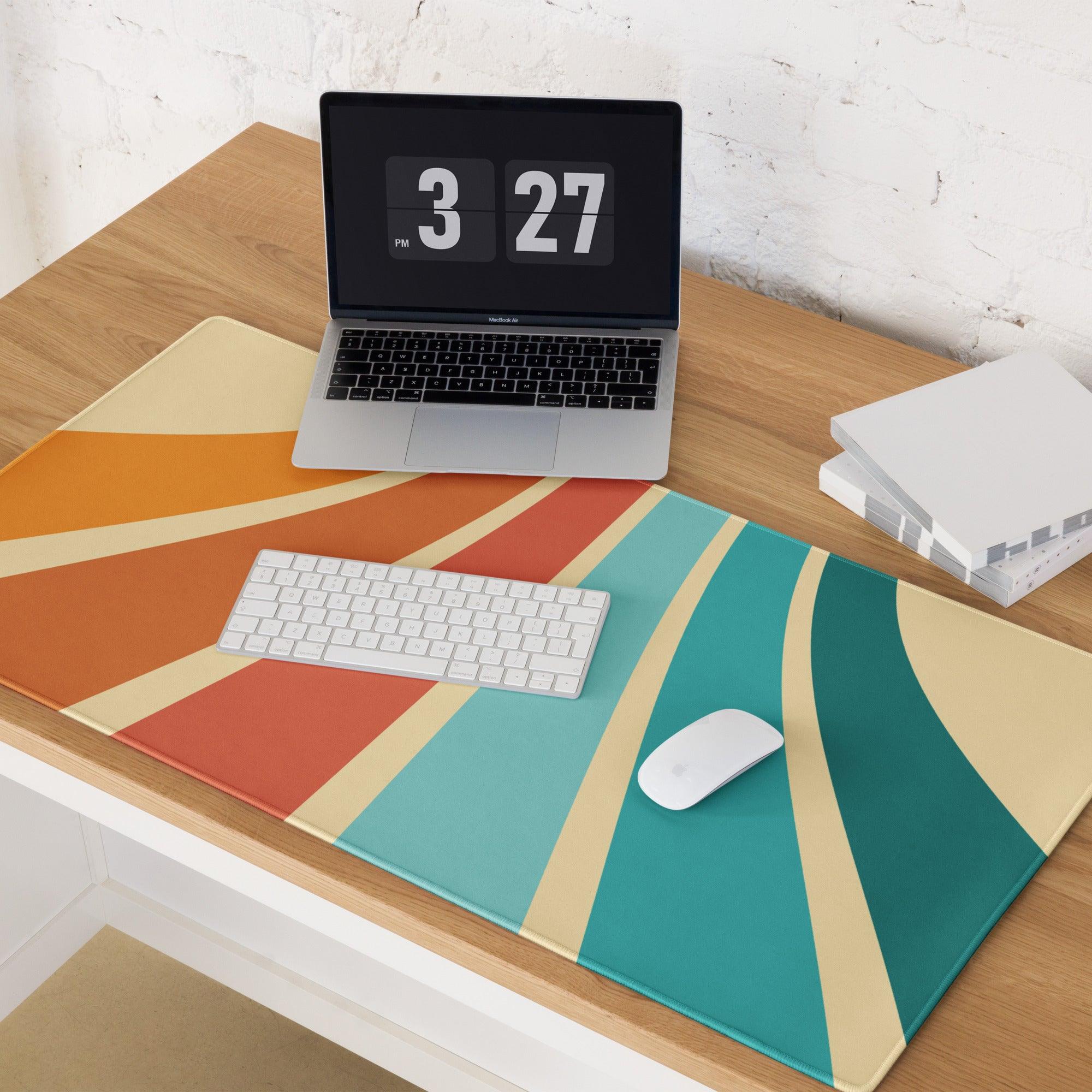 Vibrant retro sunburst teal sunset gaming mouse pad with stripes