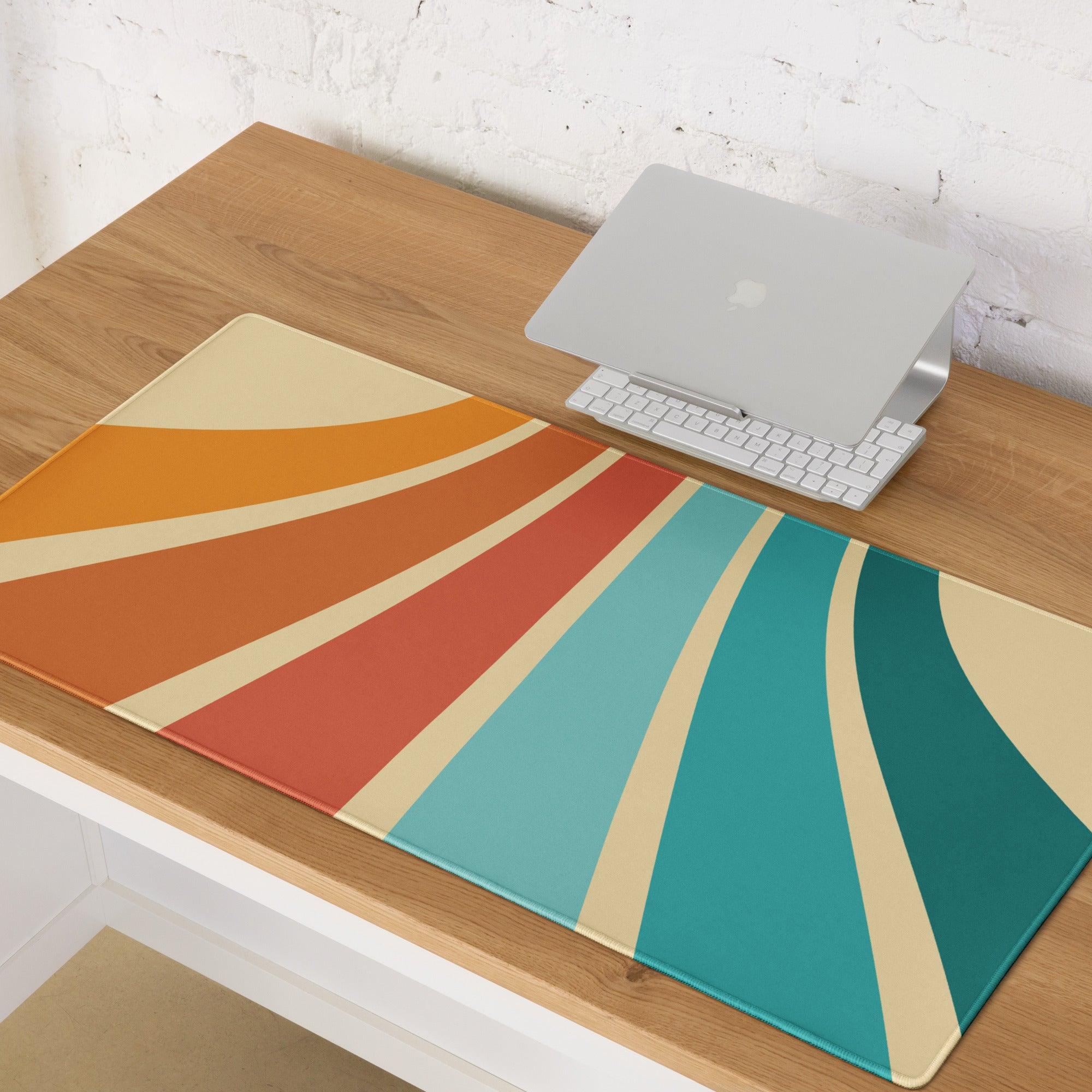 Abstract gaming mouse pad with retro teal sunset stripes, non-slip stitching