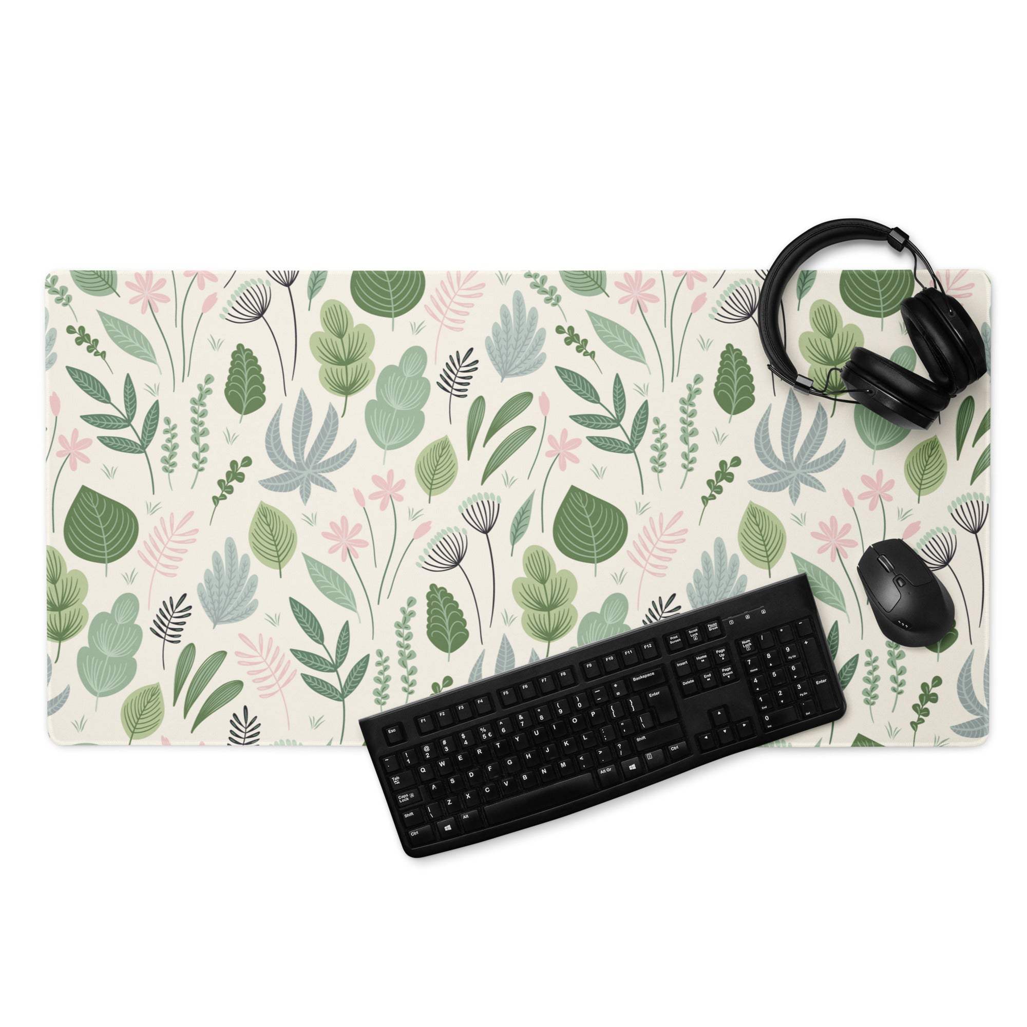 Large pastel green floral leaf gaming mouse pad with pink foliage pattern