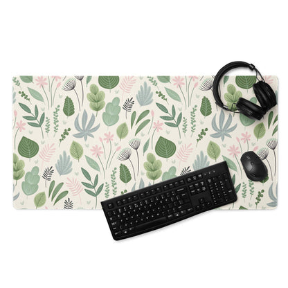 Large pastel green floral leaf gaming mouse pad with pink foliage pattern