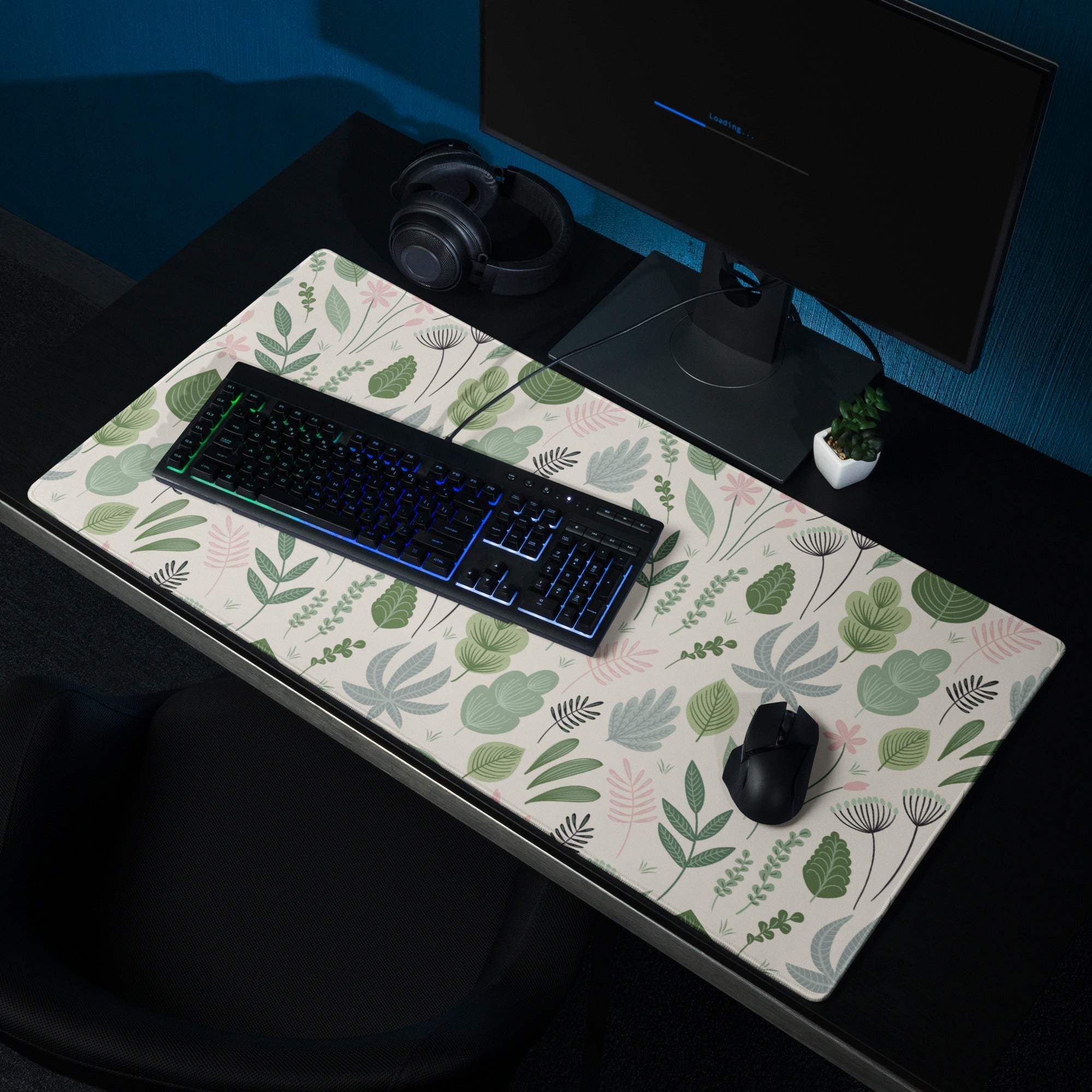 Pastel green floral leaf gaming mouse pad, large non-slip cream desk mat