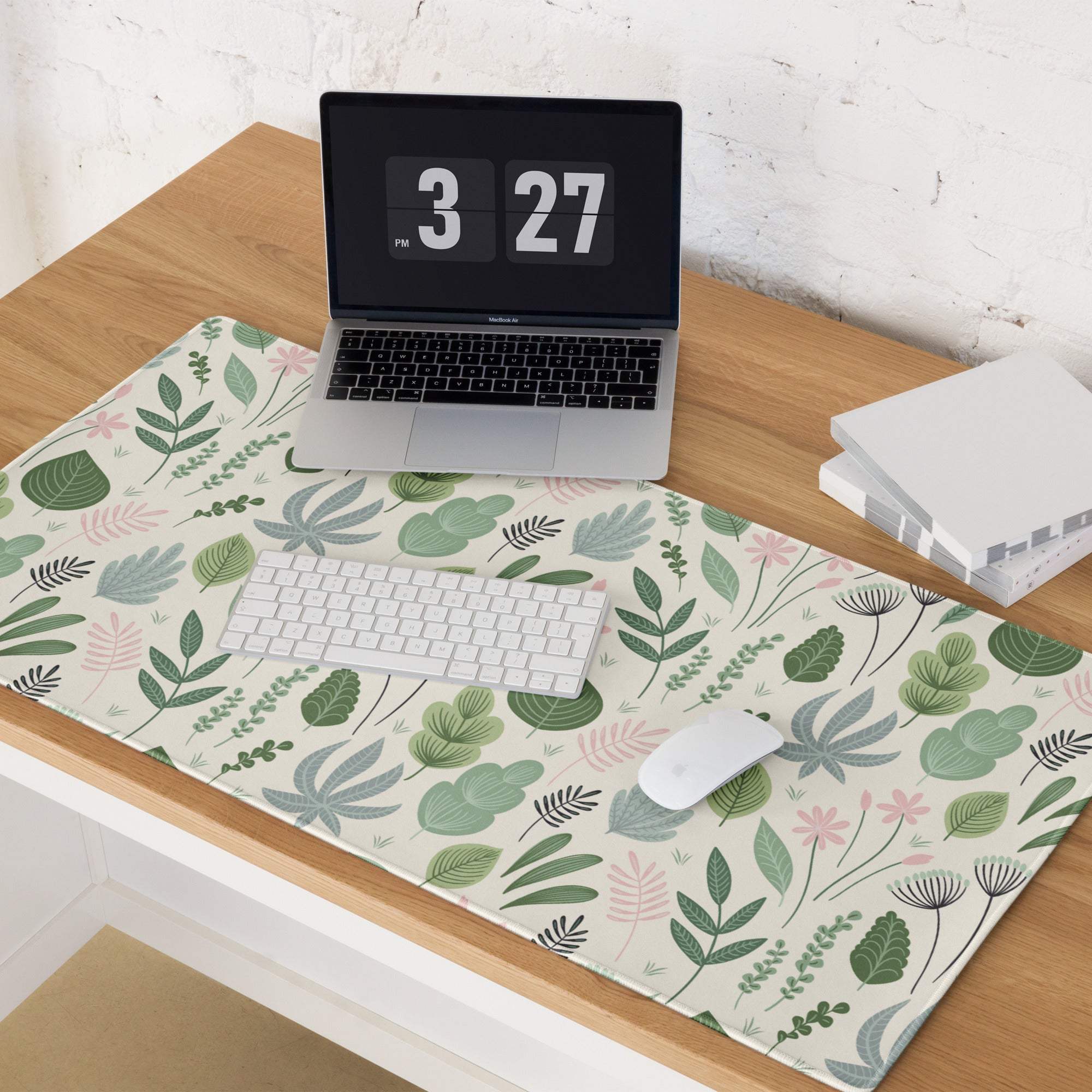 Large pastel green floral leaf gaming mouse pad with non-slip surface