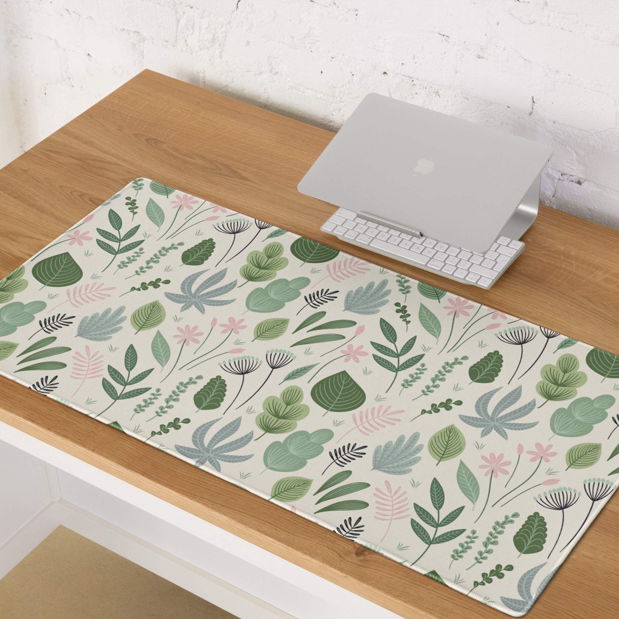 Pastel green floral leaf gaming mouse pad with non-slip surface