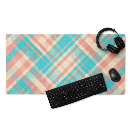 Vibrant teal peach plaid gaming mouse pad with non-slip base and stitched edges