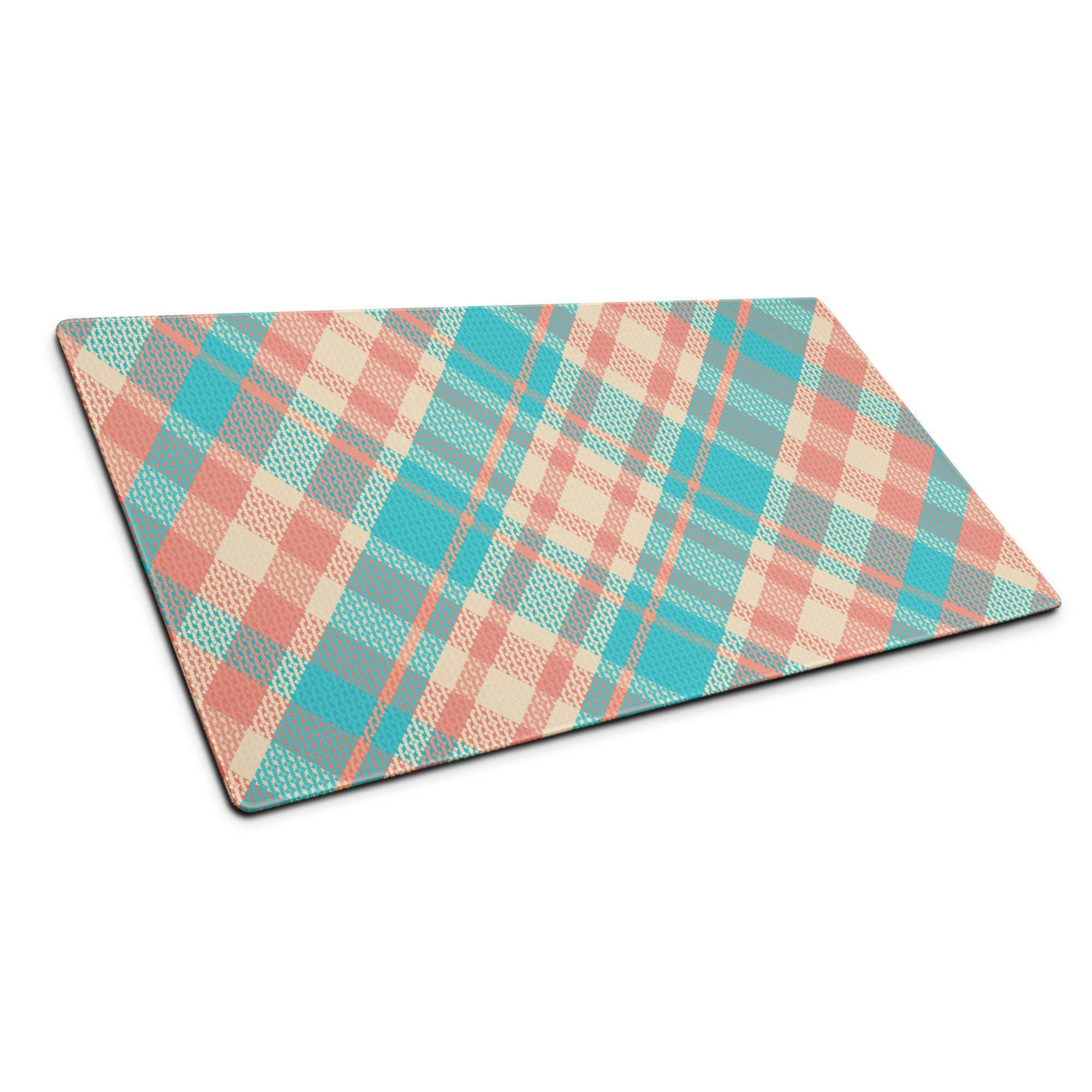 Vibrant teal peach plaid gaming mouse pad with non-slip base