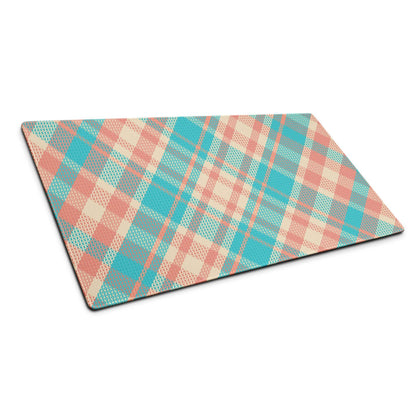 Vibrant teal peach plaid gaming mouse pad with non-slip base