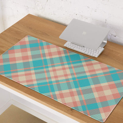 Vibrant teal peach plaid gaming mouse pad with non-slip base and stitched edges