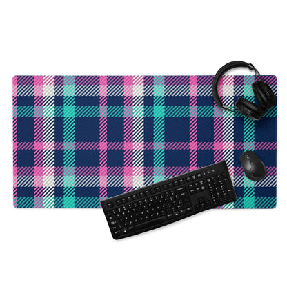 Vibrant pink navy teal plaid gaming mouse pad with non-slip base