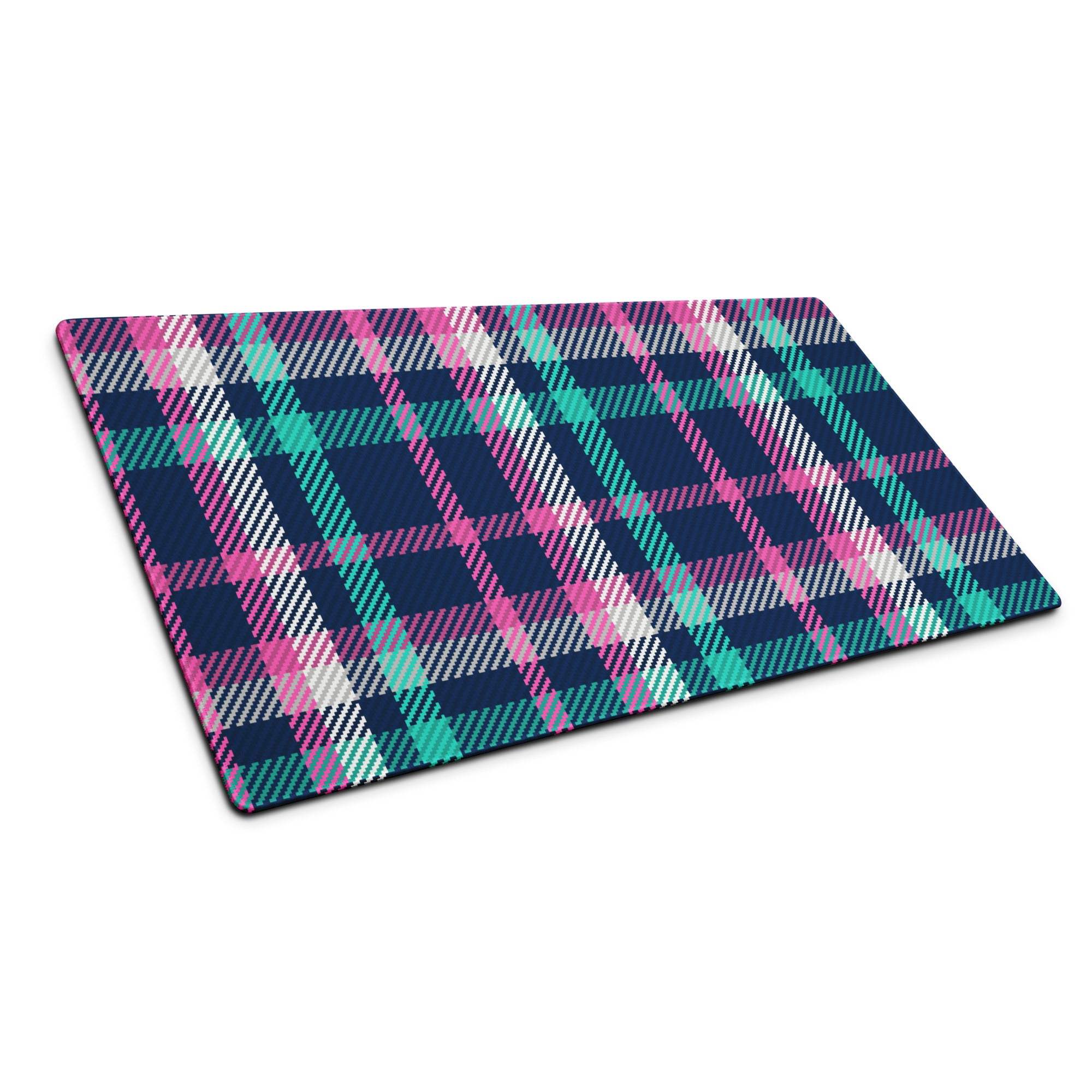Vibrant pink navy teal plaid gaming mouse pad with non-slip base