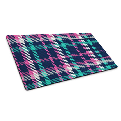 Vibrant pink navy teal plaid gaming mouse pad with non-slip base