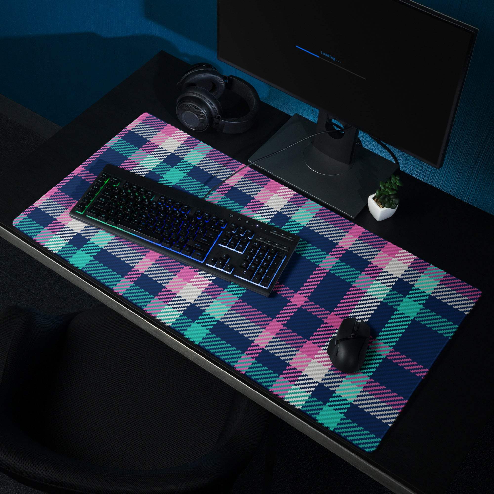Vibrant pink navy teal plaid gaming mouse pad with non-slip base