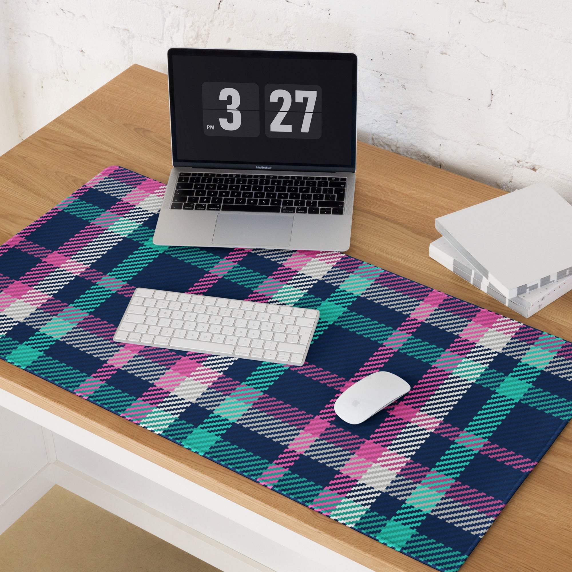 Vibrant plaid gaming mouse pad with pink navy teal stripes non-slip base