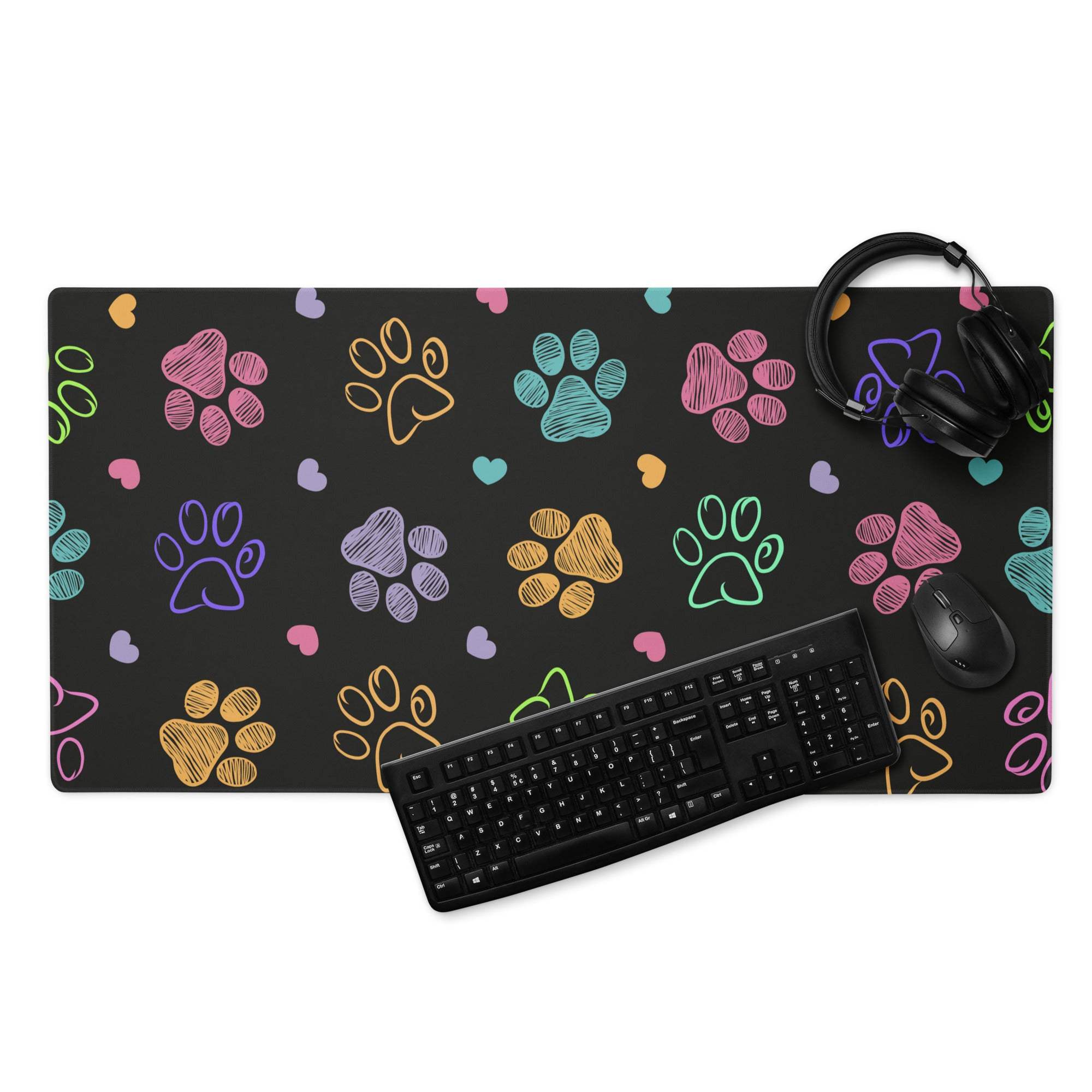 Large colorful paw print gaming mouse pad with non-slip base