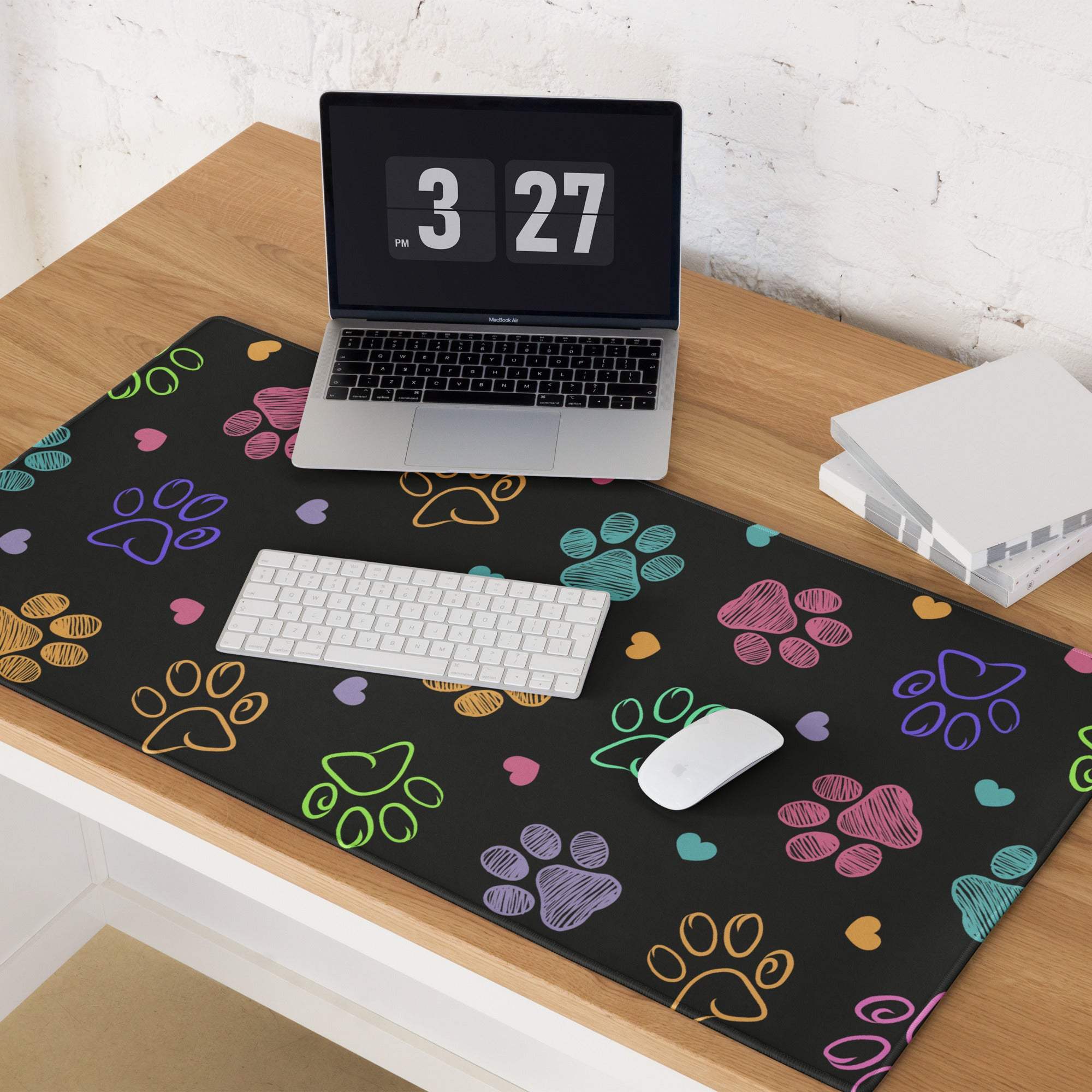 Large colorful paw print gaming mouse pad with non-slip base