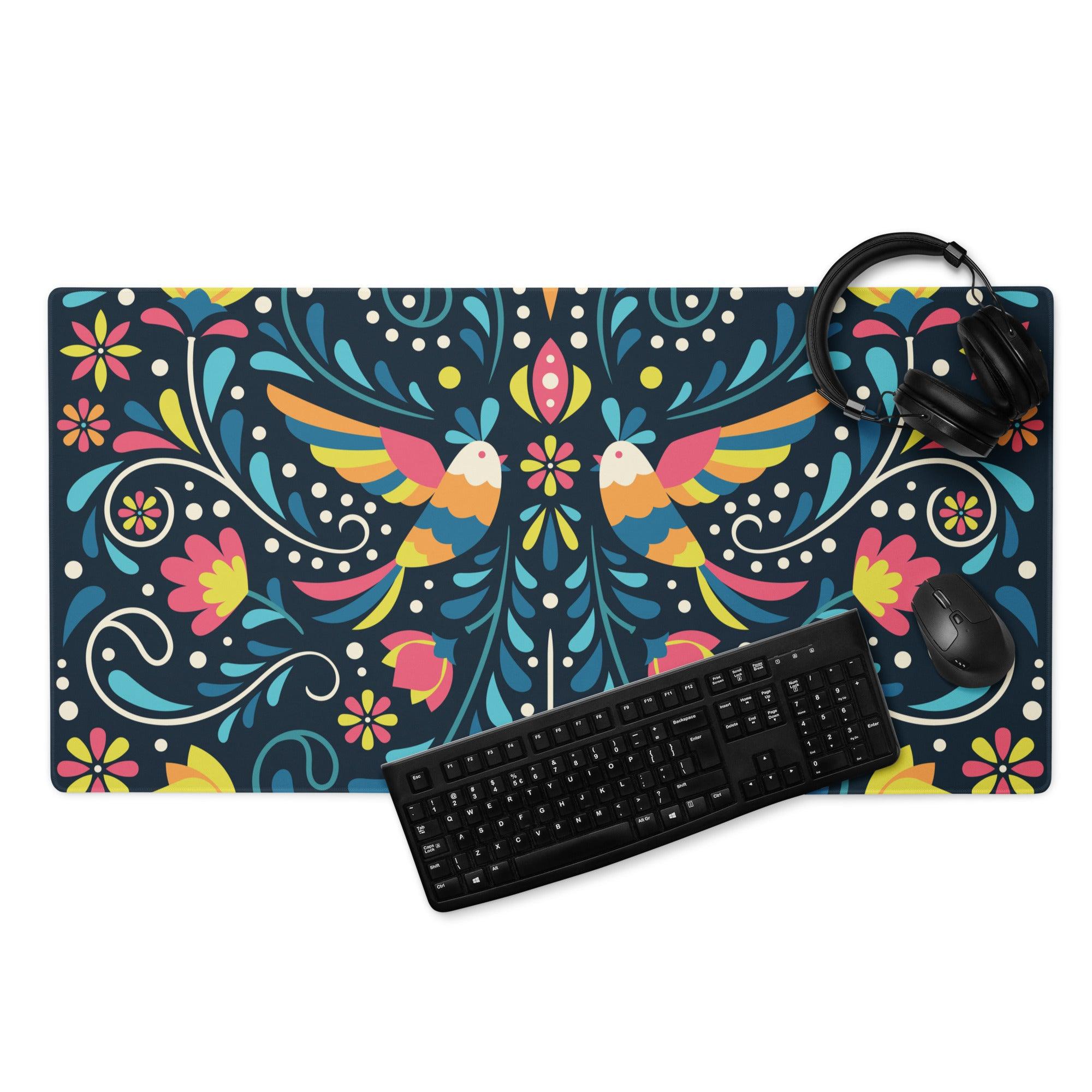 Vibrant colorful floral birds gaming mouse pad with non-slip backing