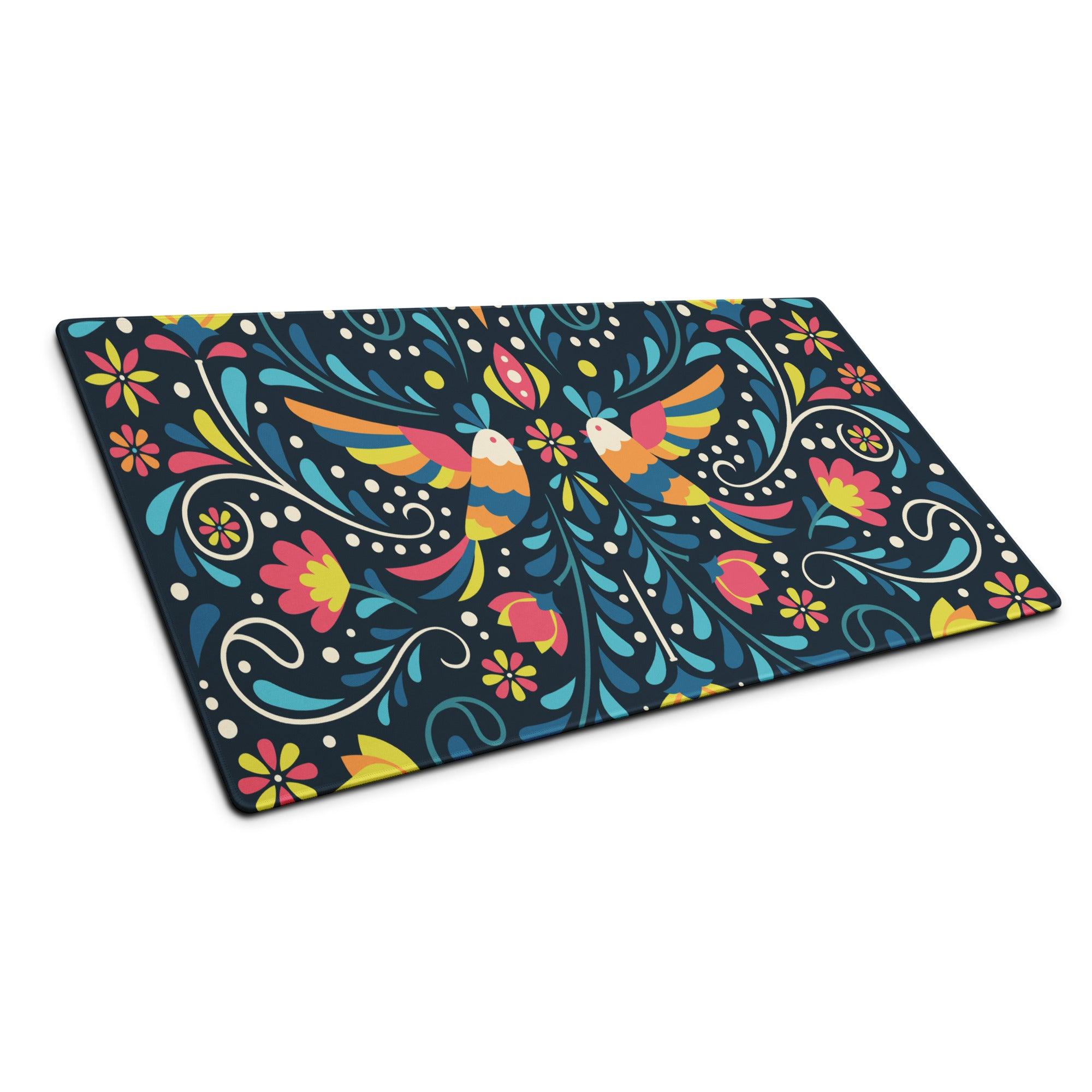 Whimsical colorful floral birds pattern gaming mouse pad on cutting board display