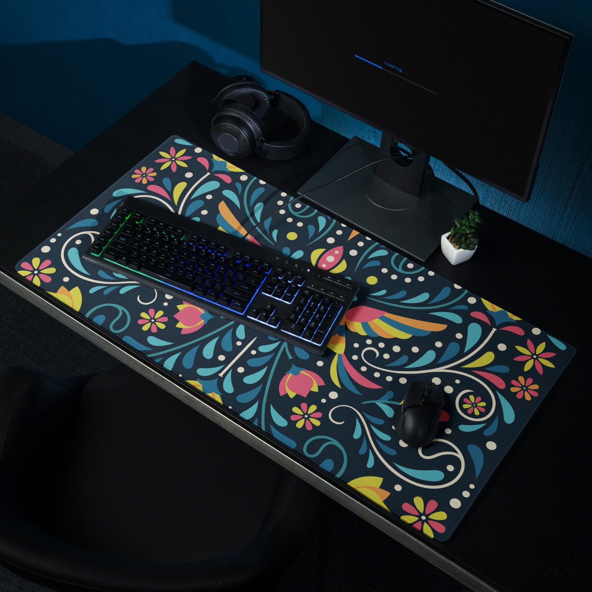 Whimsical floral birds gaming mouse pad with colorful pattern and non-slip backing