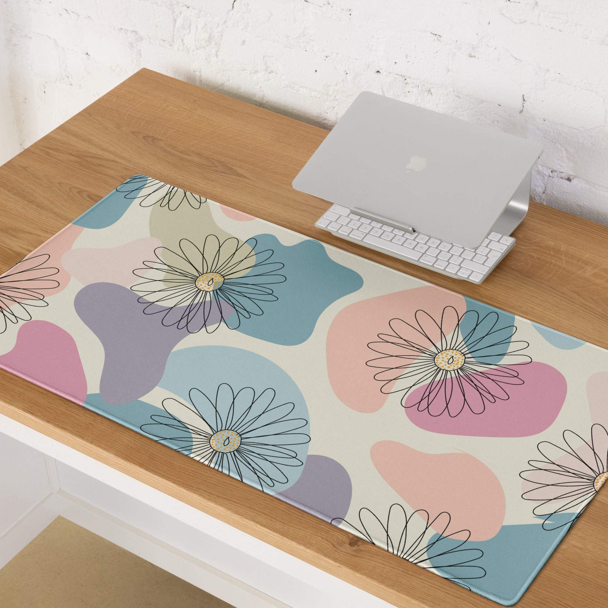 Pastel floral abstract gaming mouse pad with daisies and soft shapes