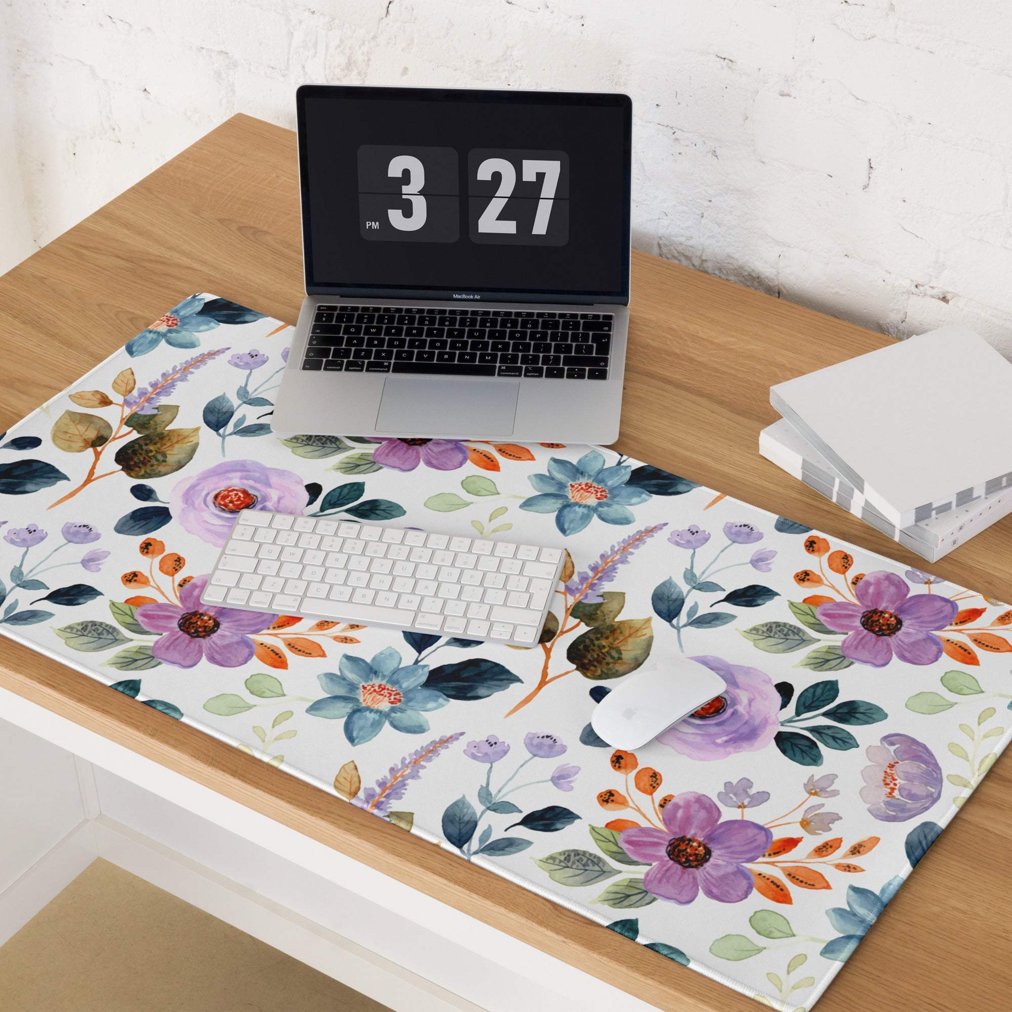 Large floral watercolor gaming mouse pad with non-slip base