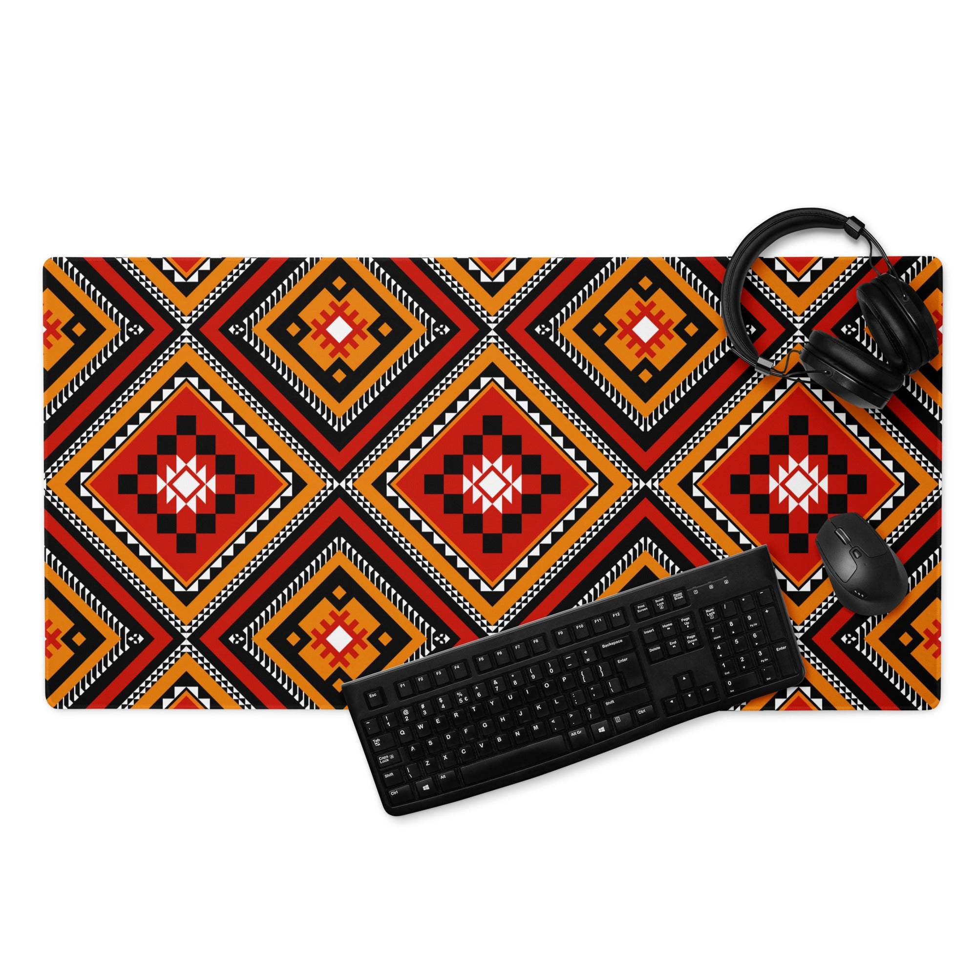 Vibrant tribal geometric diamond motif gaming mouse pad in bold red orange black white