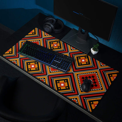 Vibrant tribal geometric diamond motif gaming mouse pad in bold red orange black white