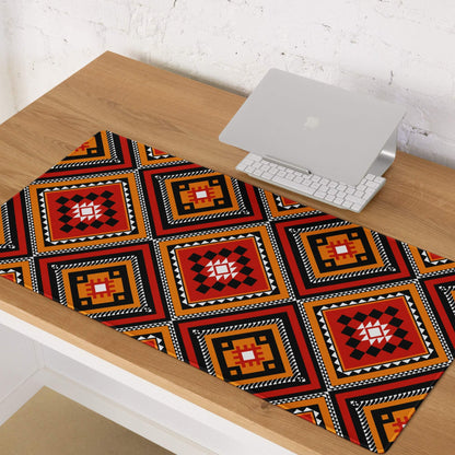 Vibrant tribal geometric diamond motif gaming mouse pad in red orange black white