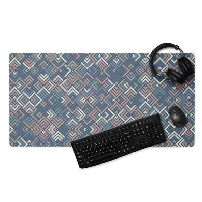 Large geometric gaming mouse pad in navy pink beige with non-slip base
