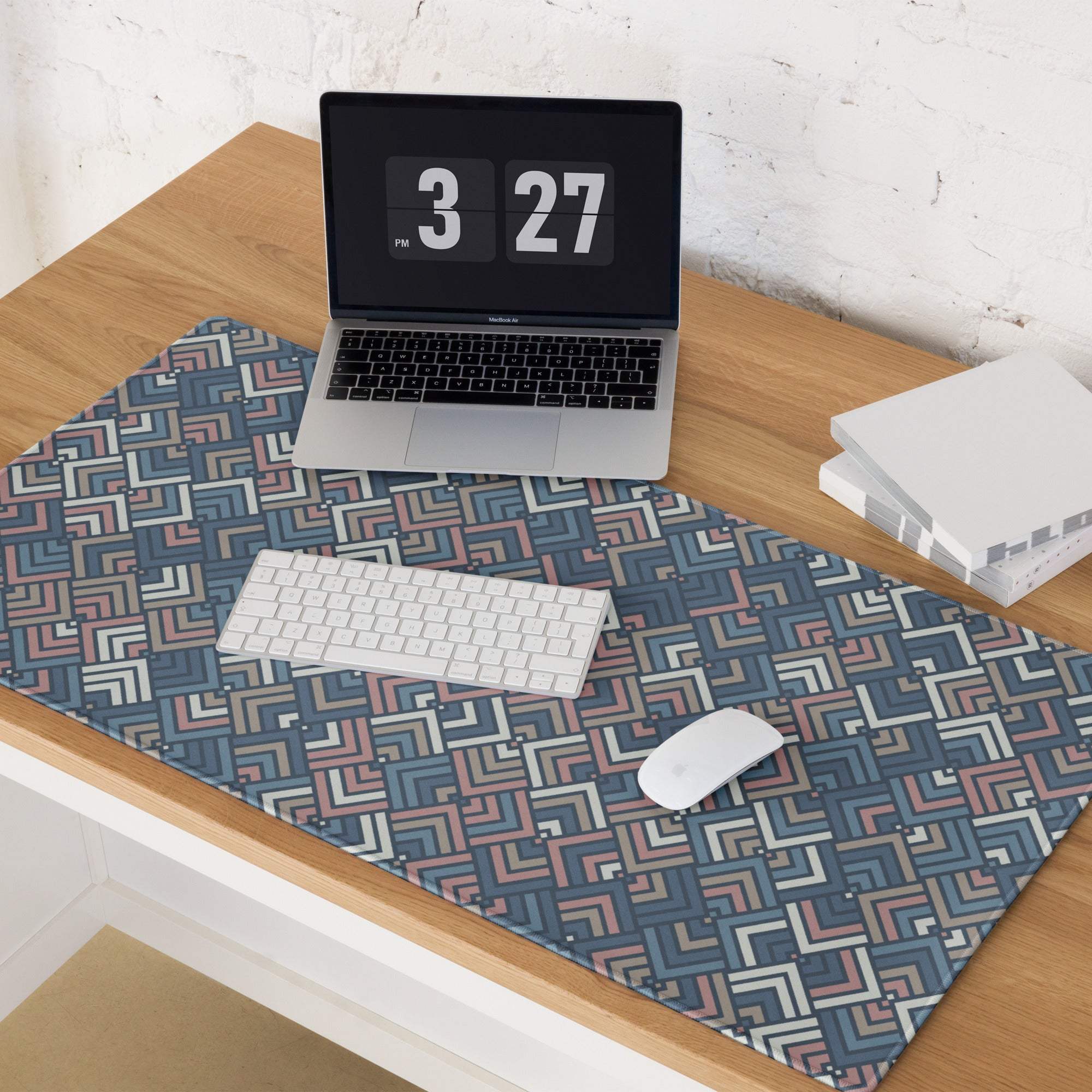 Geometric navy pink beige gaming mouse pad large non-slip stitched base