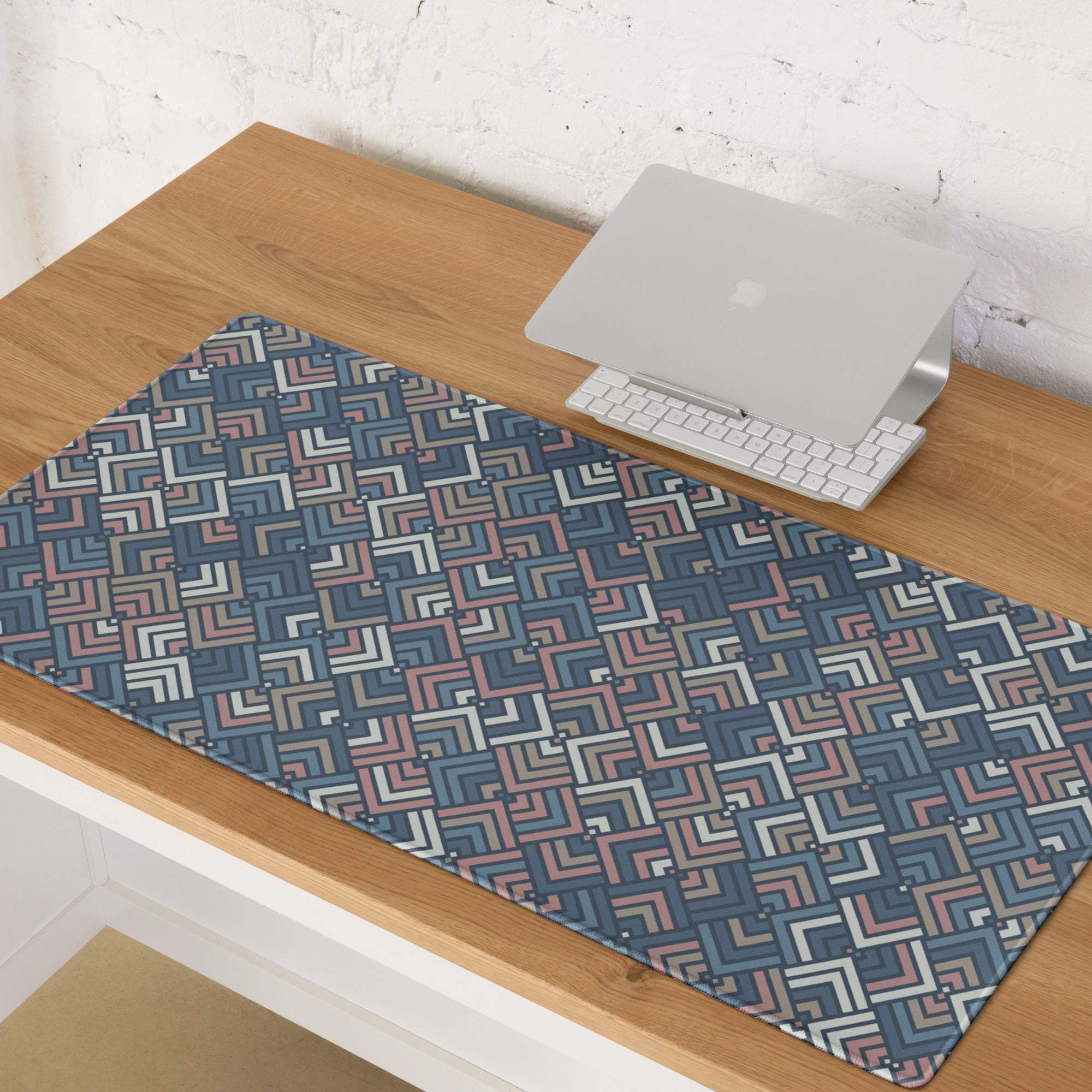 Large geometric navy pink beige gaming mouse pad with non-slip base